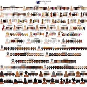 May include: A chart of 20 different styles of women's back illustrations. Each style has a different hairstyle, hair color, and skin tone. The chart is labeled with the style number and the letters A through Z.
