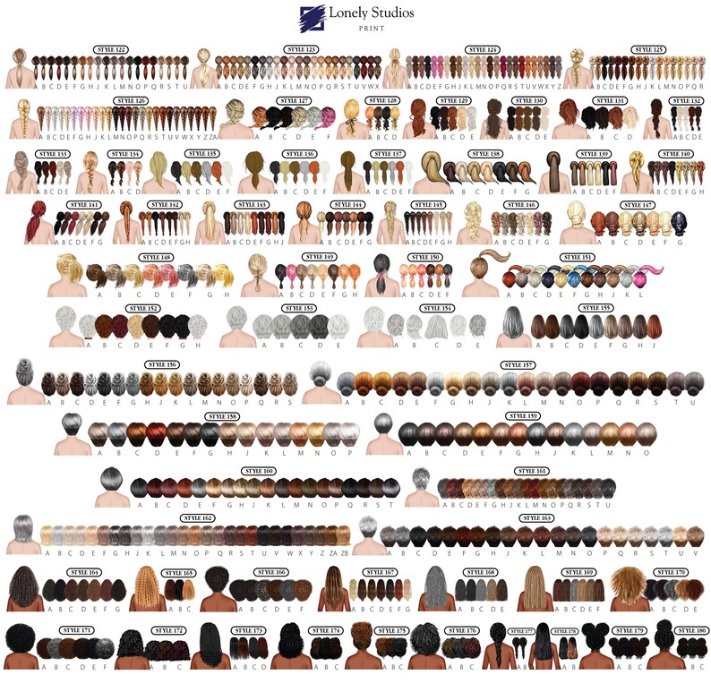 May include: A chart of 20 different styles of women's back illustrations. Each style has a different hairstyle, hair color, and skin tone. The chart is labeled with the style number and the letters A through Z.