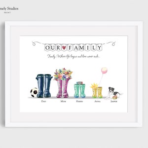 Personalised family welly print, wellington boot picture, new home decor, housewarming gift wall art, gift for grandad grandma mum dad