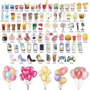 May include: A chart with a variety of images, including drinks, food, perfume, phones, shoes, and balloons. The images are labeled with letters and numbers. The chart is titled "Lonely Studios Print".