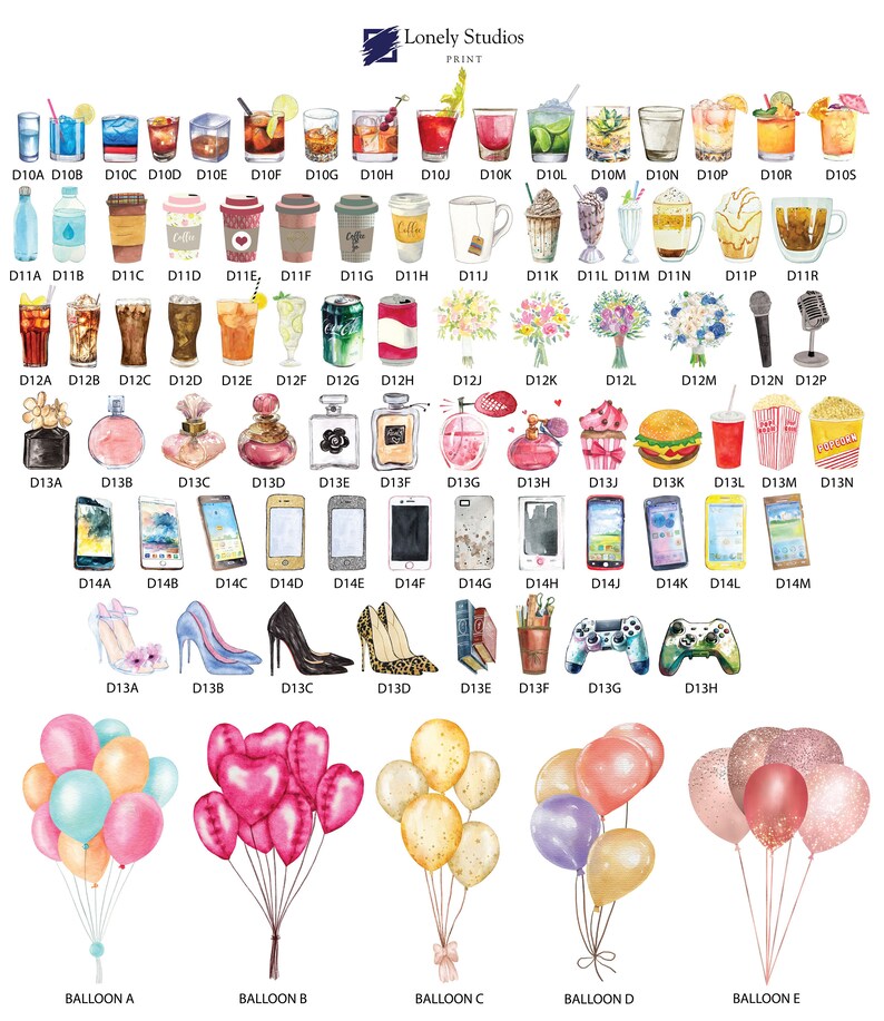 May include: A chart with a variety of images, including drinks, food, perfume, phones, shoes, and balloons. The images are labeled with letters and numbers. The chart is titled "Lonely Studios Print".
