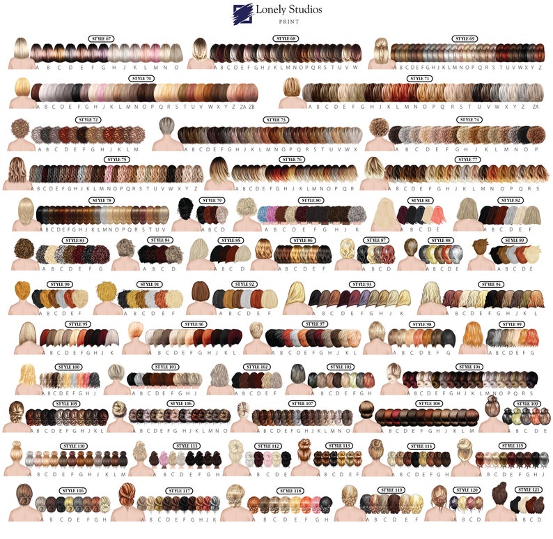May include: A chart of 120 different back and hair styles for a digital illustration of a person. The chart is labeled with numbers and the letters A through Z. The chart is titled "Lonely Studios Print".