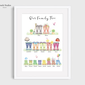 Personalised family welly tree gift print, Custom family tree portrait, gift for family and grandparents family tree print, mothers day