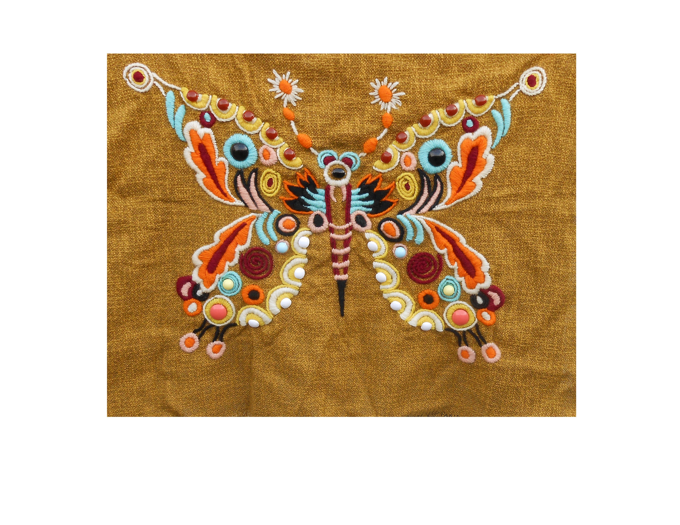 Canevas Papillon - Royal Paris Années 70 Canevas en Laine, Perles et Boutons Colorés