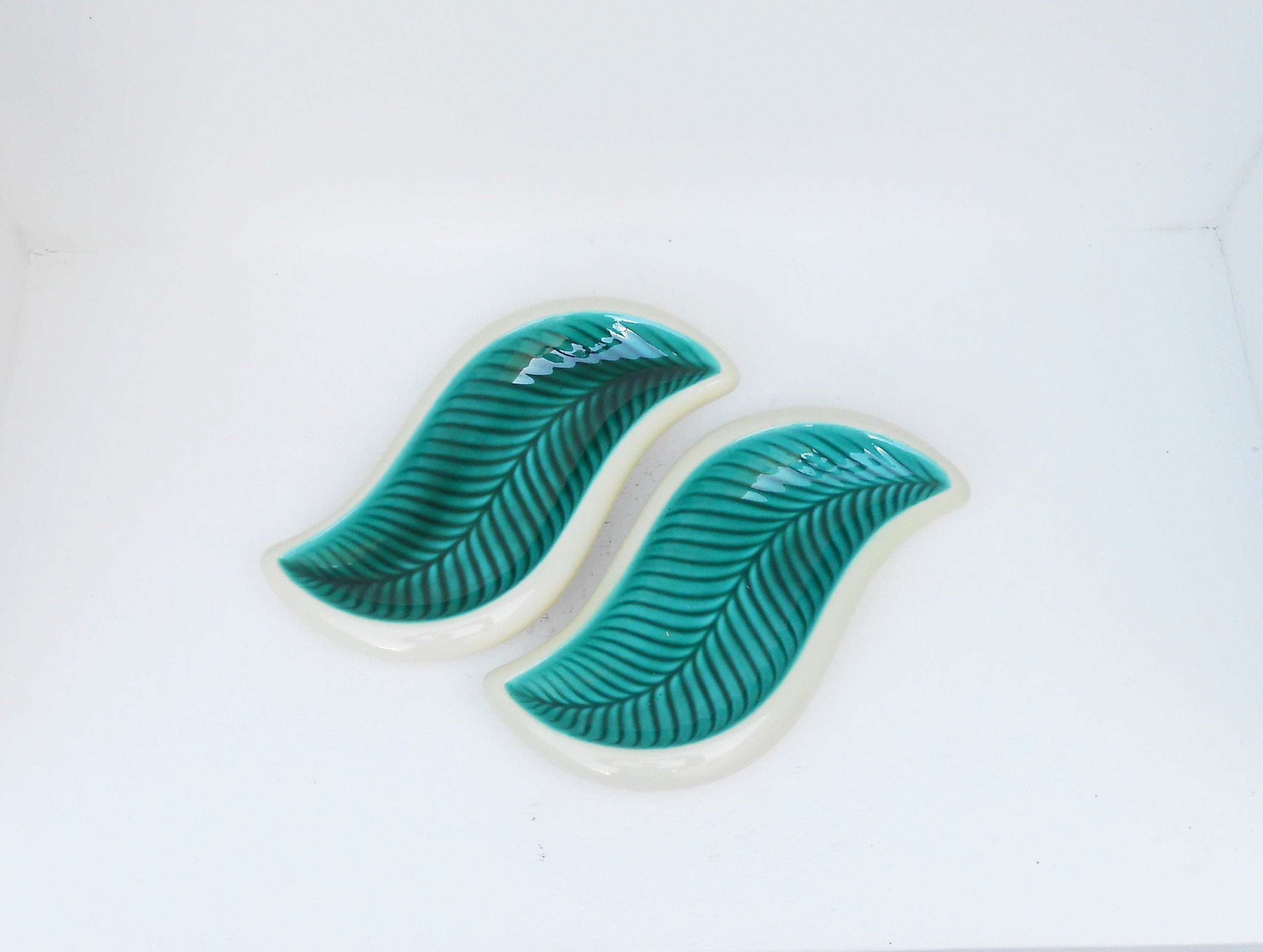 2 Coupelles Vintage - Céramique Verceram Feuille Verte et Blanche France Années 50/60