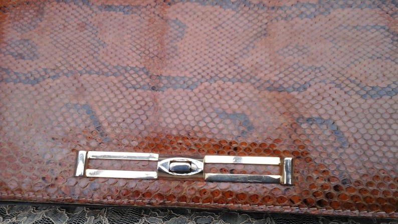 May include: A brown snakeskin clutch bag with a gold metal clasp.