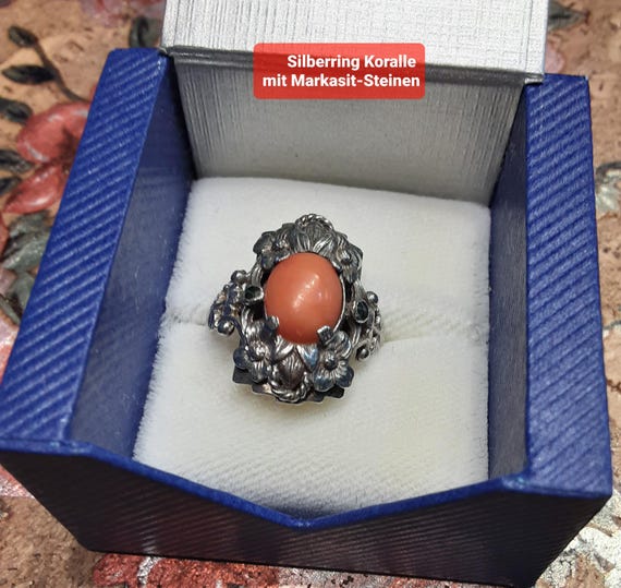 Silberring Koralle, Markasit, Vintage- Schmuck