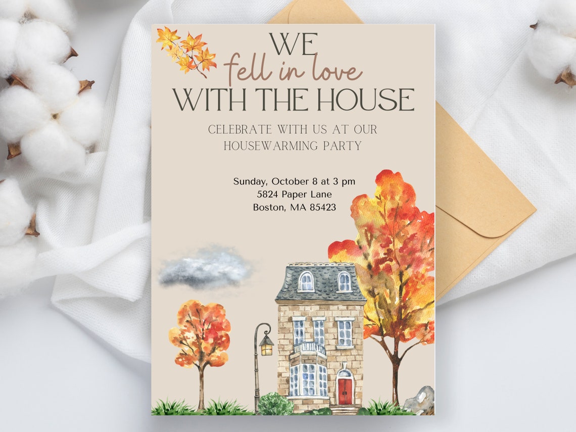 Fall Housewarming Party Invitation, Stone House, Editable Template ...