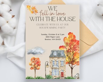 Fall Housewarming Party Invitation, Stone House, Editable Template (Digital Download)