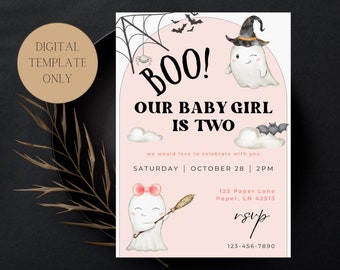 Boo Baby Girl 2nd Birthday Invitation, Halloween Theme (Digital Download)