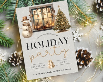 Neutral Christmas Party Invitation, Customizable Holiday Template (Digital Download)