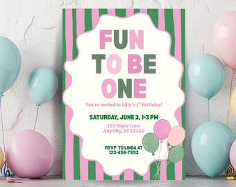Green Fun to Be One First Birthday Invitation, Customizable Template (Digital Download)