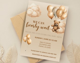 We Can Bearly Wait Baby Shower Invite, Bear Balloons (Digital Download Template)
