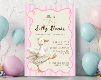 Pink One Silly Goose Birthday Invitation, Customizable Template (Digital Download)