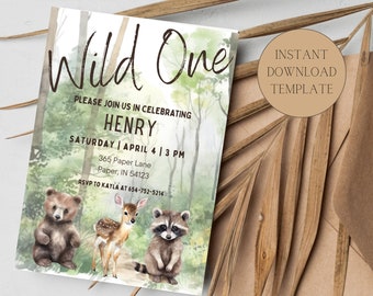 Wild One Woodland Birthday Invite, Animal Theme (Instant Download)