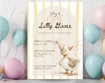 Yellow One Silly Goose Birthday Invitation, Customizable Template (Digital Download)