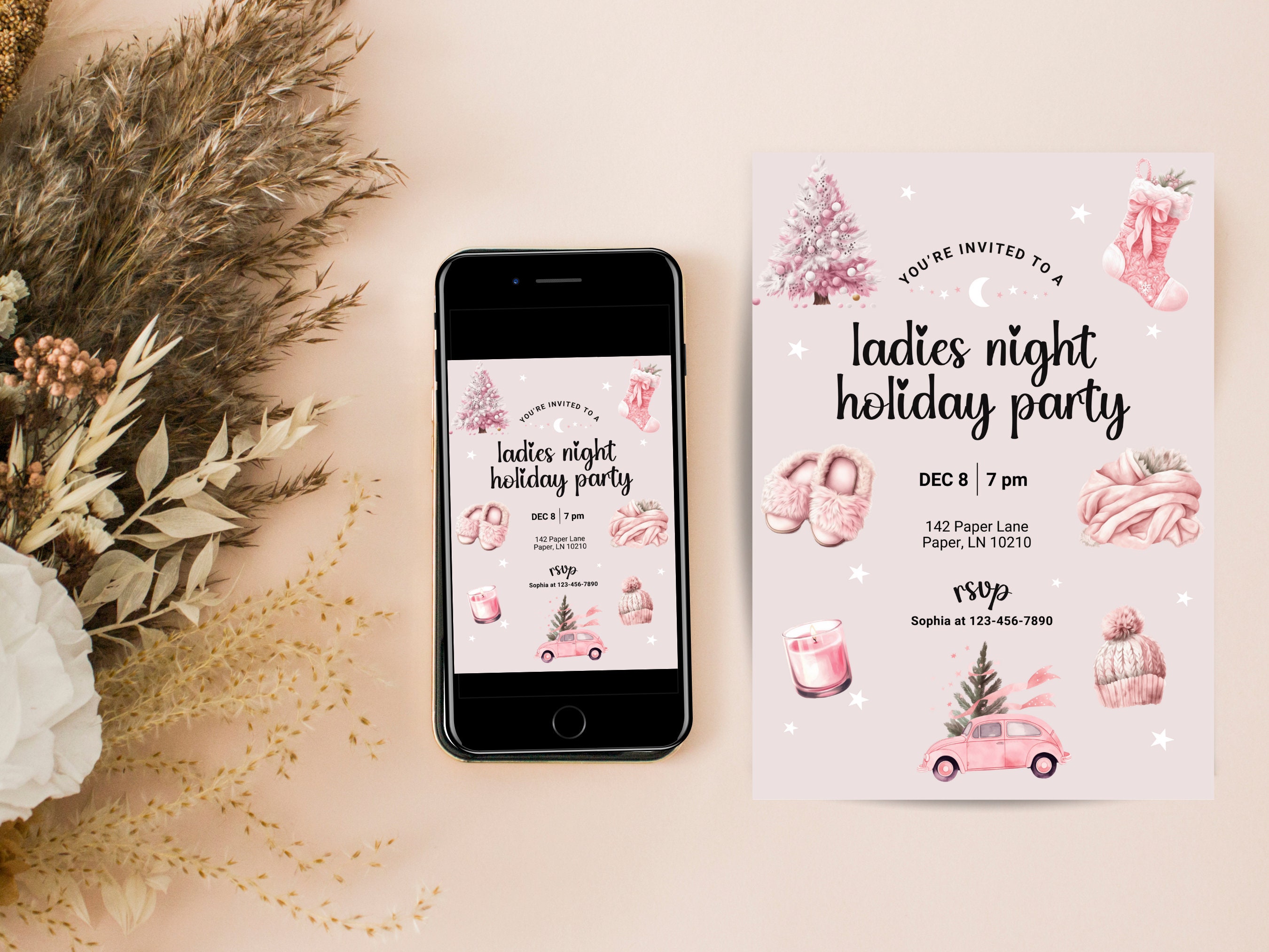 Pink Holiday Ladies Night Invitation Template (digital Download) - Etsy
