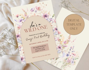 Wildflower First Birthday Party Invitation Template (Instant Download)