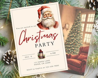 Vintage Santa Christmas Party Invitation, Editable Template (Digital Download)