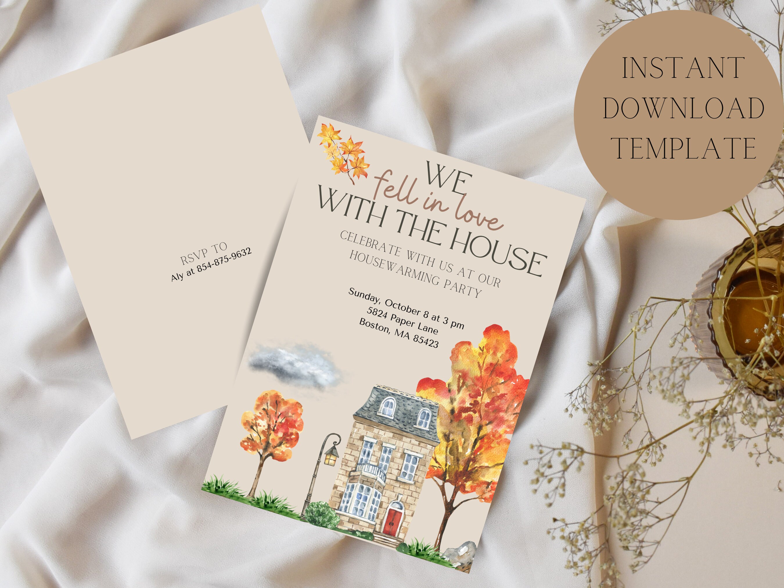 Fall Housewarming Party Invitation, Stone House, Editable Template ...