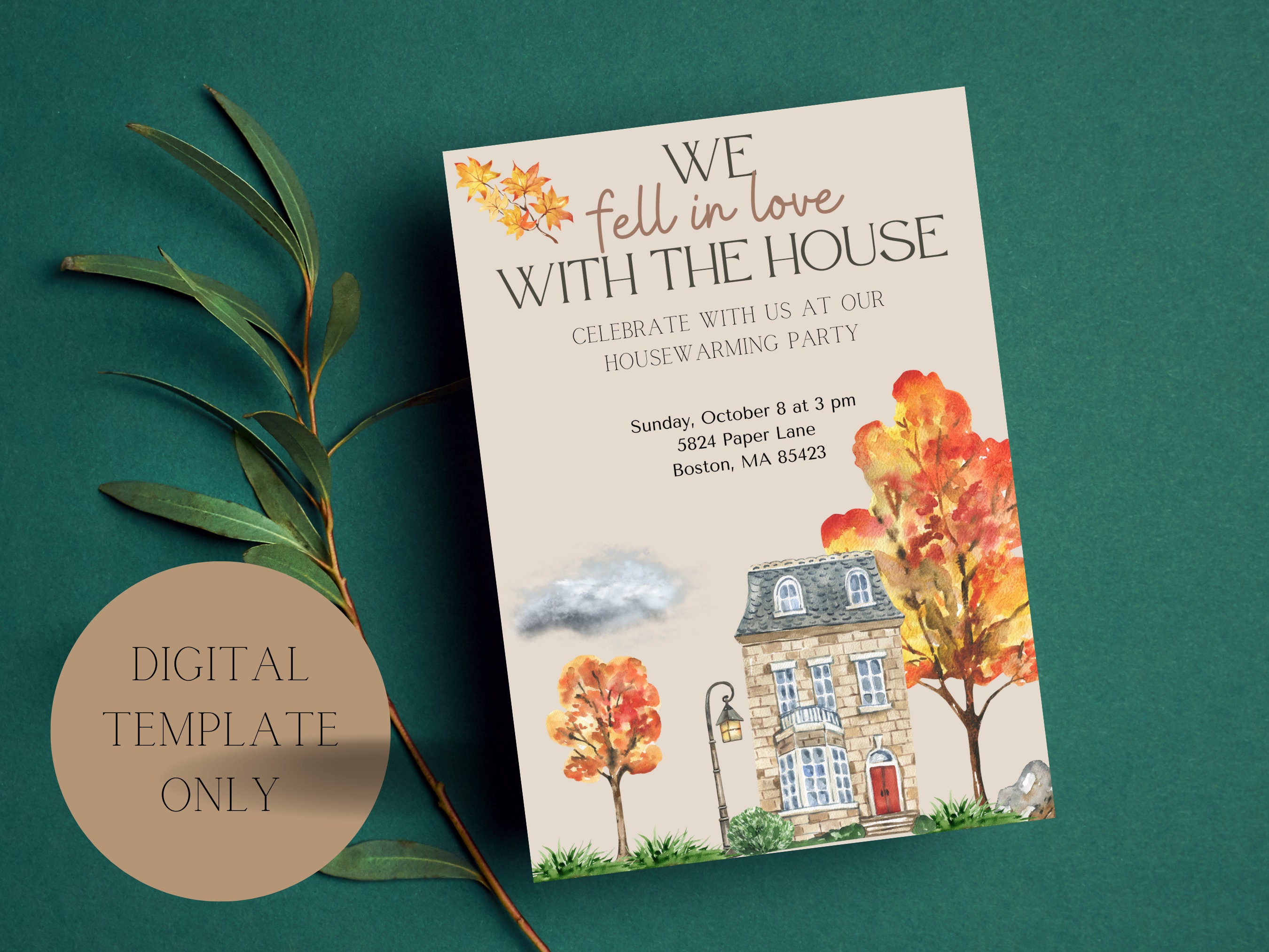 Fall Housewarming Party Invitation, Stone House, Editable Template ...