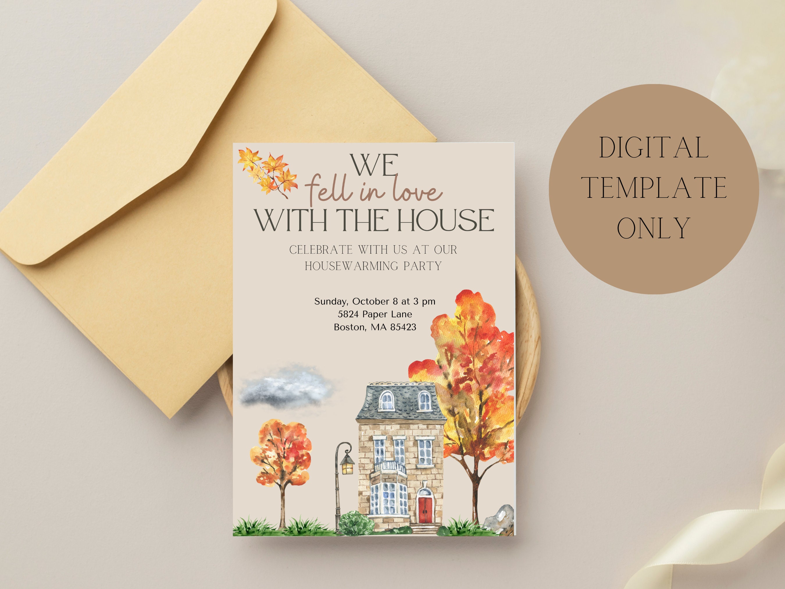 Fall Housewarming Party Invitation, Stone House, Editable Template ...