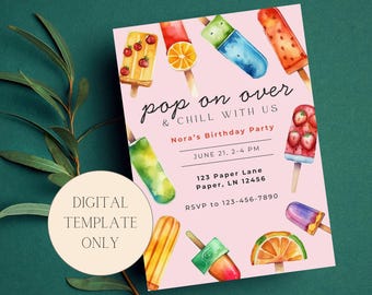Popsicle Birthday Party Invite, Watercolor Fruit Theme (Digital Download)