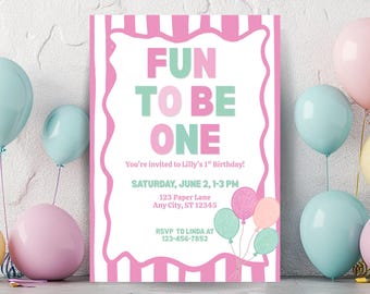 Pink Fun to Be One First Birthday Invitation, Customizable Template (Digital Download)