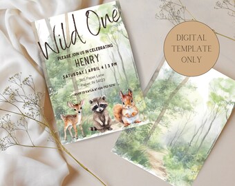 Wild One Birthday Invitation, Woodland Animals Theme (Instant Download)