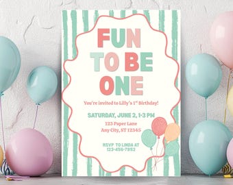 Fun to Be One First Birthday Invitation, Customizable Template (Digital Download)