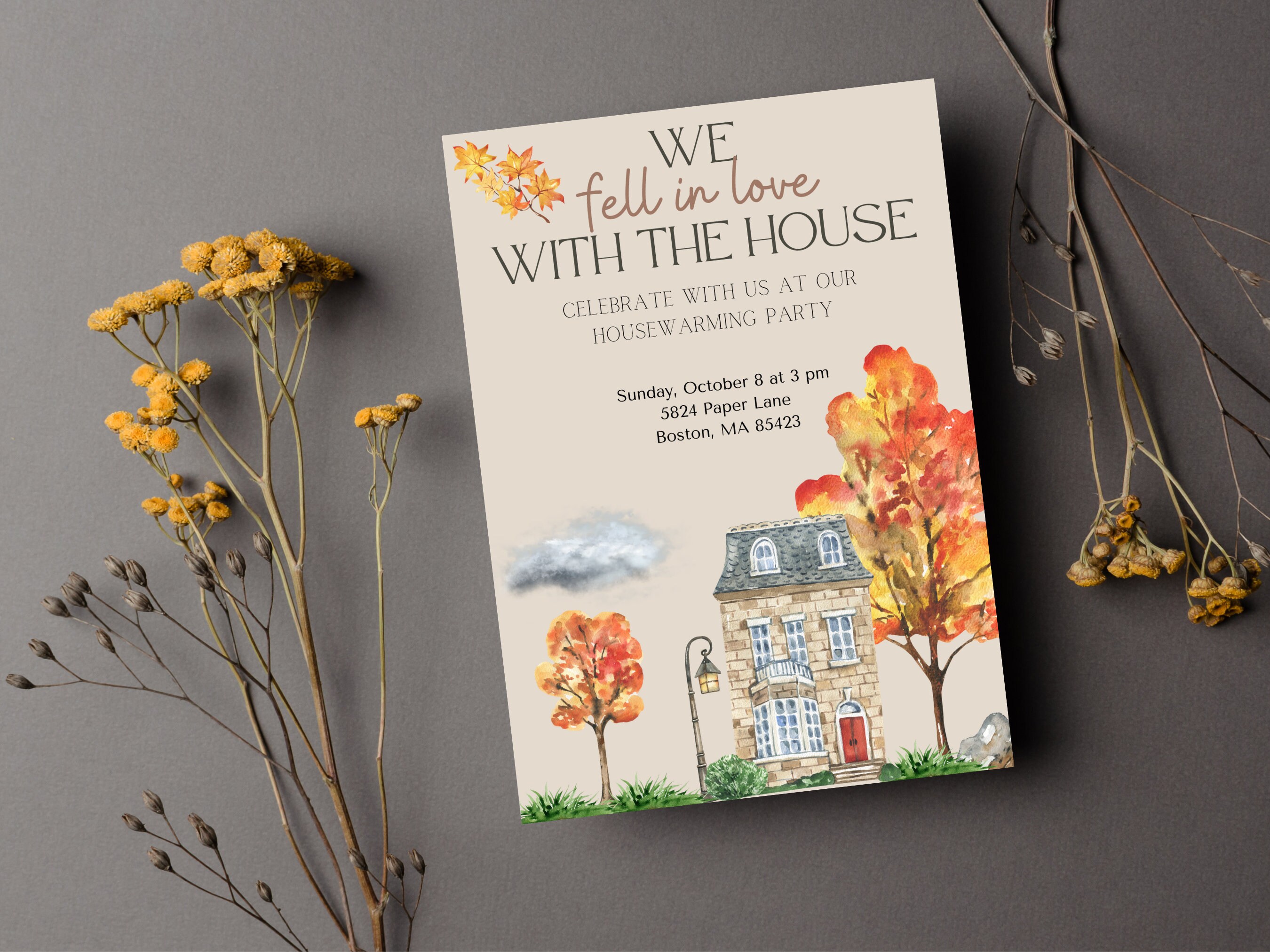 Fall Housewarming Party Invitation, Stone House, Editable Template ...