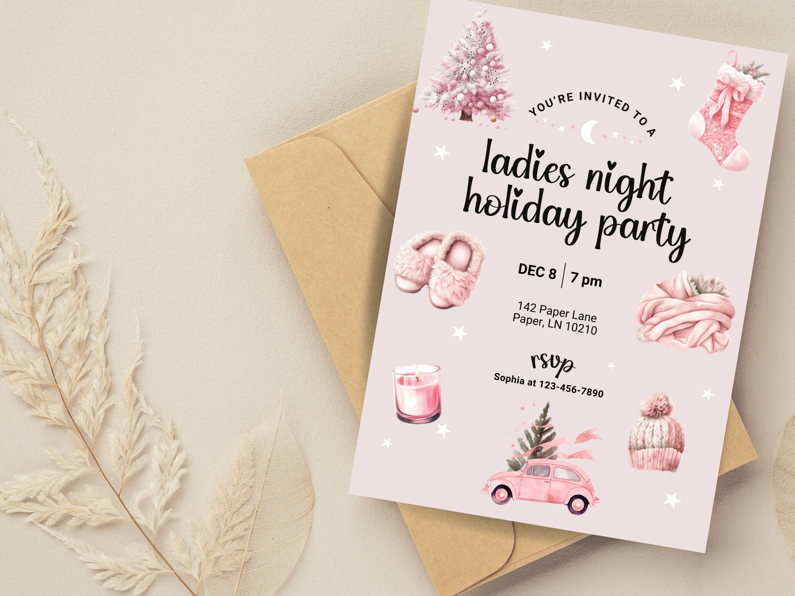 Pink Holiday Ladies Night Invitation Template (digital Download) - Etsy