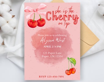 Cherry First Birthday Invitation, Custom Digital Invite (Instant Download)