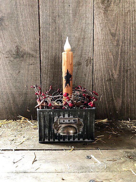Primitive Metal Library Drawer W Timer Taper And Berries For Etsy