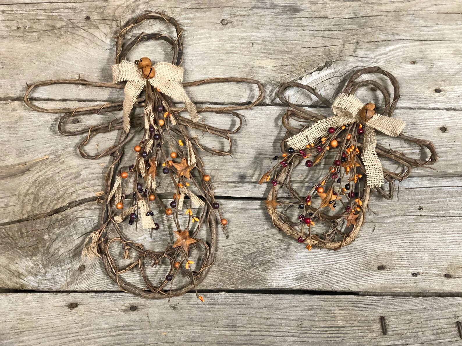 Primitive Grapevine Angel with berries bells and a burlap Etsy