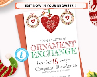 editable ornament exchange invitation christmas party invite etsy