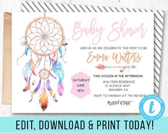 Bohemian babyshower invitations, Boho babyshower, Printable babyshower, Boho baby shower, Dreamcatcher party, Boho invitation, Boho chic
