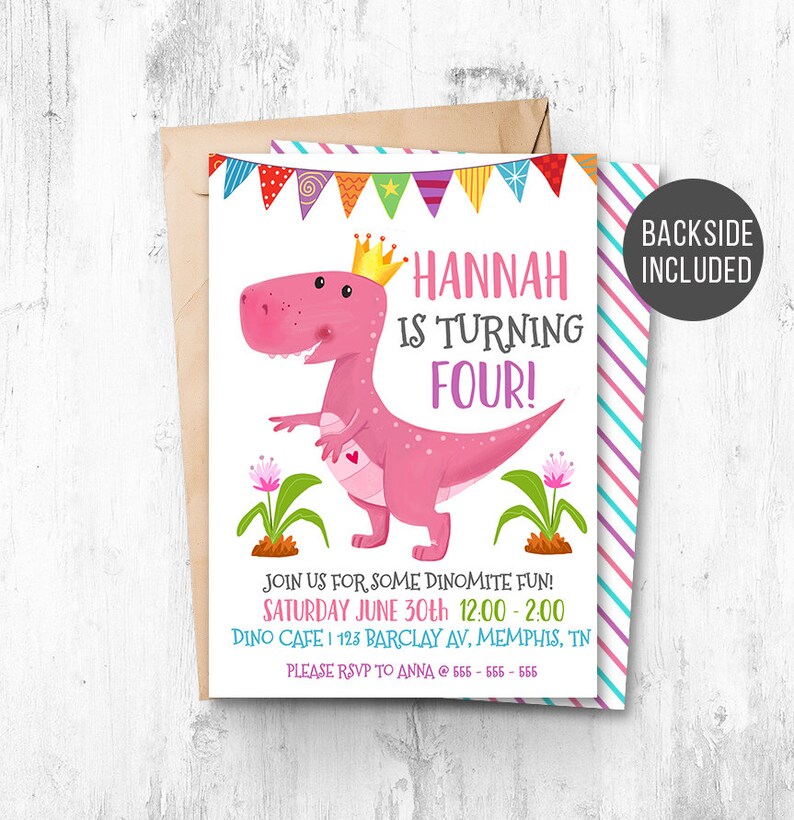 Editable Pink Dinosaur Party Invitation Dinosaur Birthday Etsy