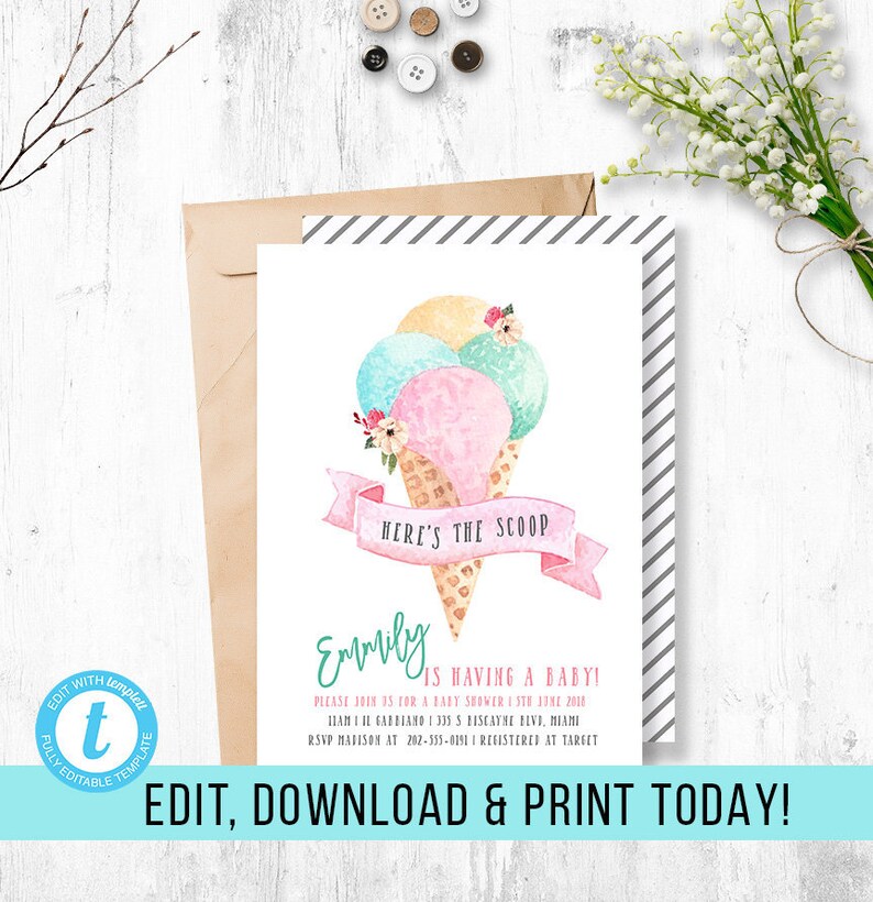 Ice Cream Baby Shower Invitation Cone Invite Social Diy Jpeg Card Pdf P7