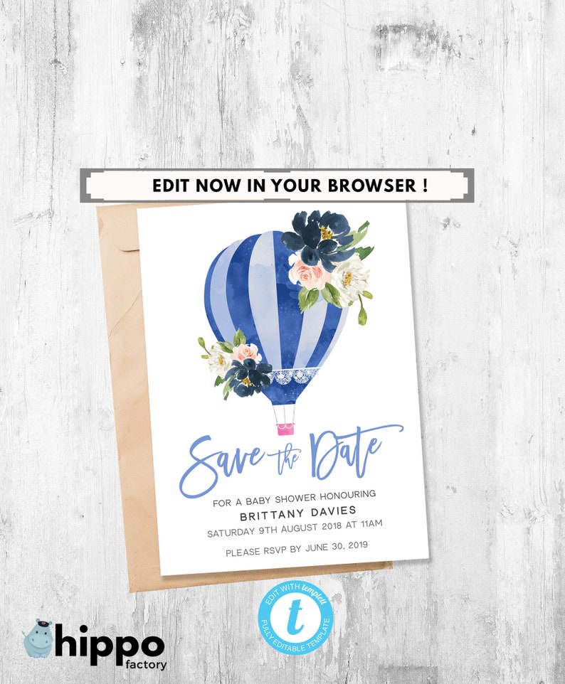 Hot Air Balloon Baby Shower Invitation Save The Date Boy Up Etsy