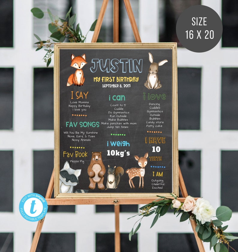 1st Birthday Poster For a Boy Woodland Creatures Milestone Board Forest Animals Woodland Milestone Poster Printable Editable Poster
