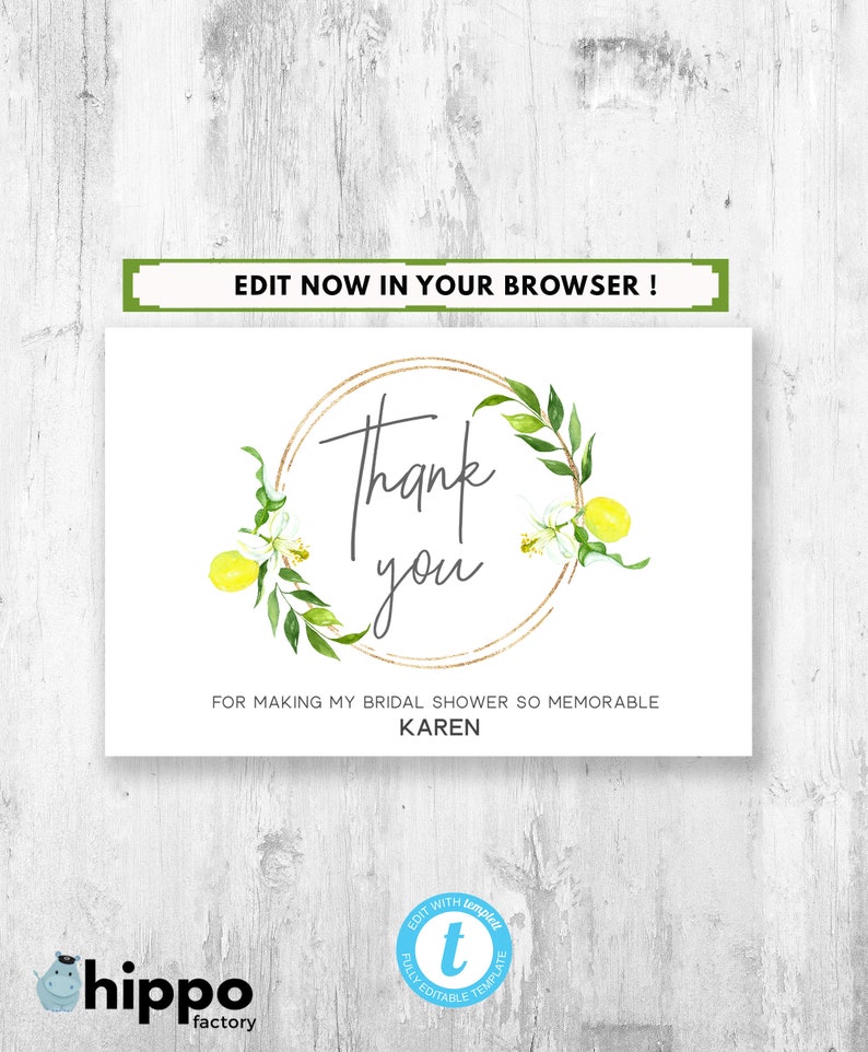 Lemon Thank You Card Printable Bridal Shower Summer Etsy