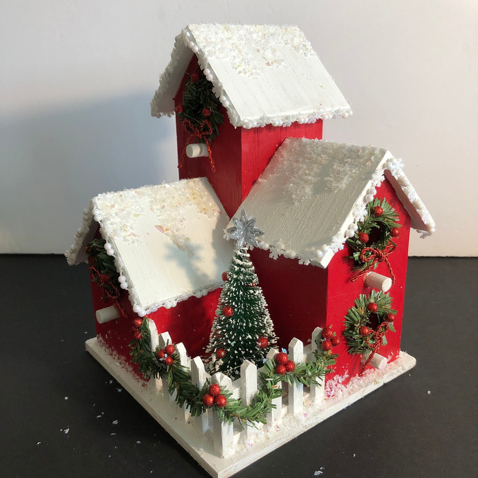 Red Christmas House With Snow on It's Roof Garland on Its Etsy