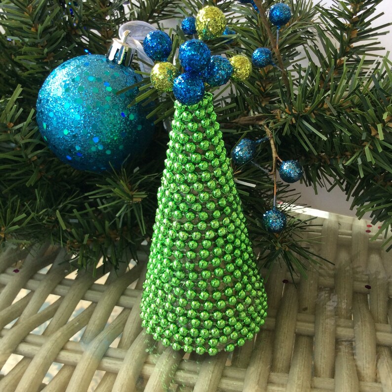 Mini Christmas Tree Wrapped in Green Beads and Blue and Green Etsy UK