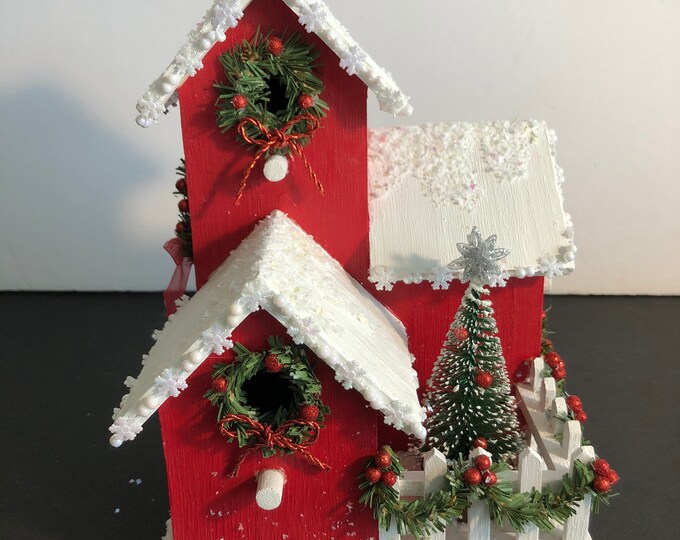 Red Christmas House With Snow on It's Roof Garland on Its Etsy