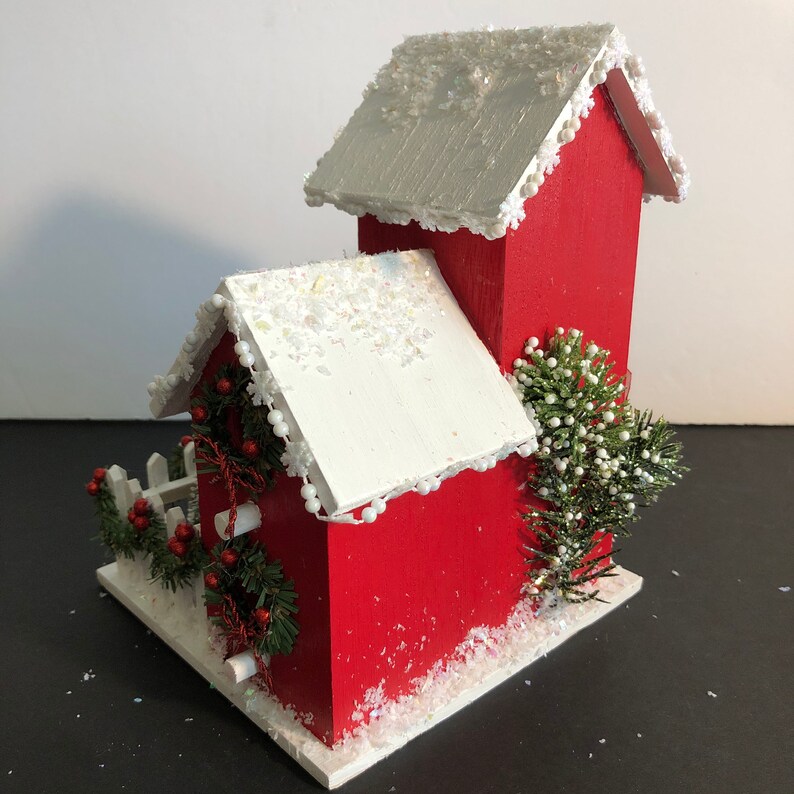 Red Christmas House With Snow on It's Roof Garland on Its Etsy
