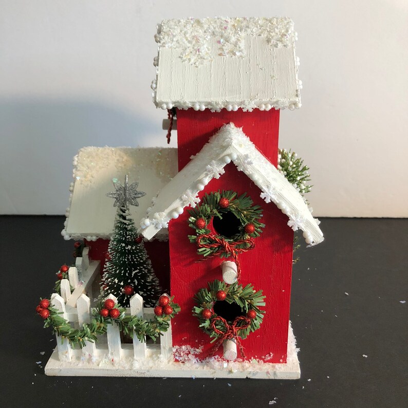 Red Christmas House With Snow on It's Roof Garland on Its Etsy