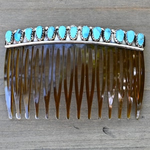 Pretty New Navajo (by Davina Benally) Hair Comb Beret Sterling & Sleeping Beauty Turquoise 3 X 1 3/4 inches 13 turquoise gems! Stunning