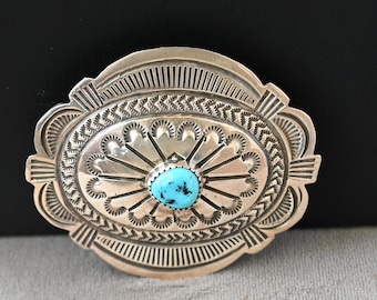 Nueva hebilla Navajo de Carson Blackgoat, plata esterlina y turquesa Sleeping Beauty, 32,5 gramos, 6 cm x 5 cm, para correa de cinturón de 2,5 cm.