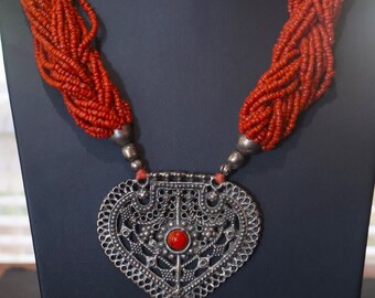 Bracelet Ancien En Argent Massif Avec Pierre De Corail Rouge - Bijou Traditionnel, Occasion